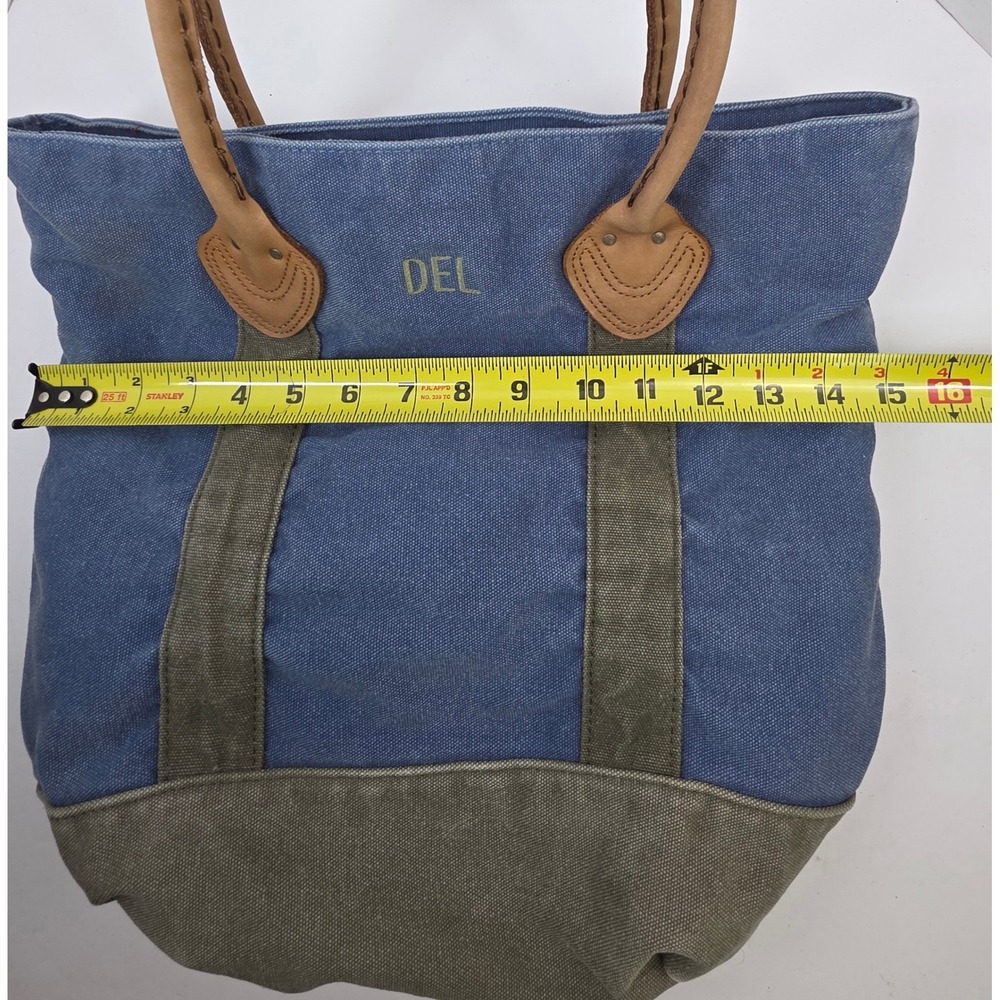 LL Bean Canvas Tote Bag Blue Olive Green Leather Handles Plaid Lining Monogram - Picture 5 of 6